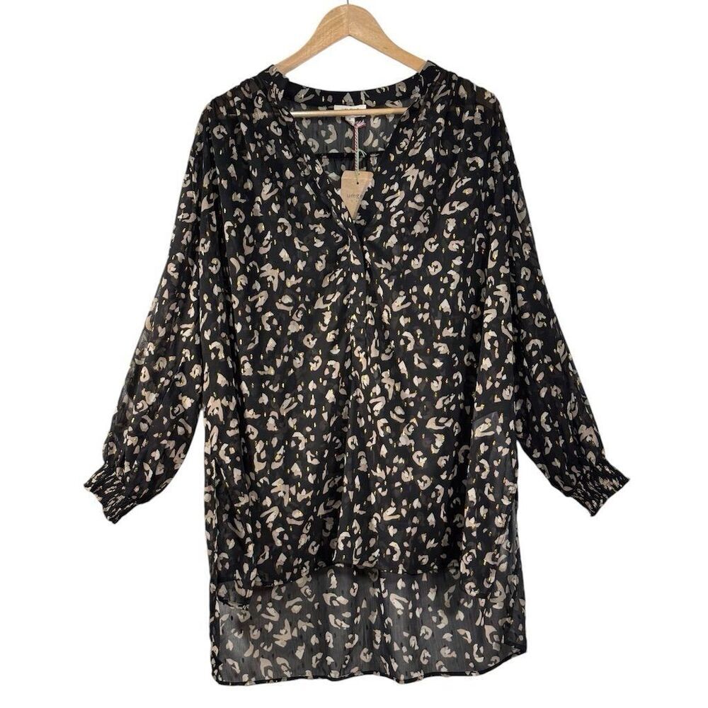 Umgee Women's Black V Neck Long Sleeve Blouse Tunic Size M Wanda Top Metallic